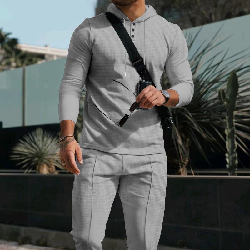 Men's Casual Solid Color Waffle Hooded Long Sleeve T-Shirt and Pants Set 52549817Y