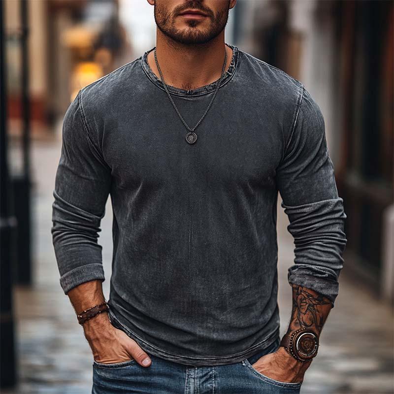 Men's Classic Casual Washed Distressed Round Neck Long Sleeve T-shirt 75414306K