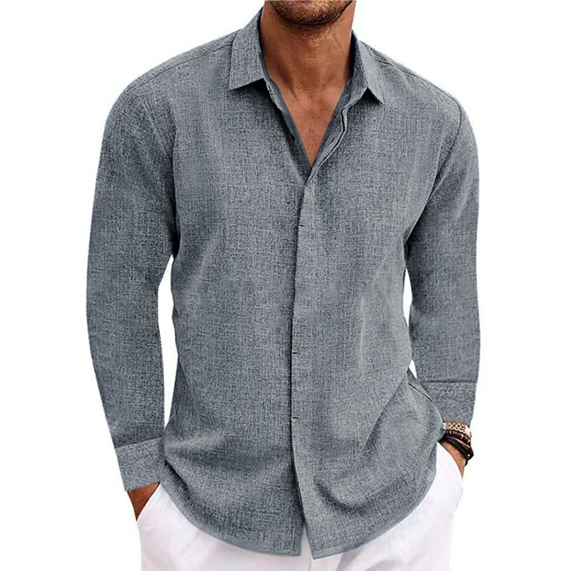 Camicia casual da uomo in cotone e lino a maniche lunghe, tinta unita, 01703150M