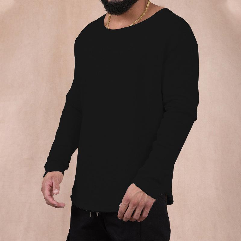 Men's Casual Retro Solid Color Round Neck Long Sleeve T-shirt 04451010TO