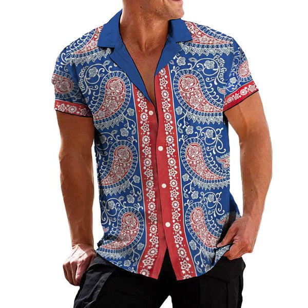Men's Vintage Color Block Perris Cashew Flower Short Sleeve Shirt 04705304TO
