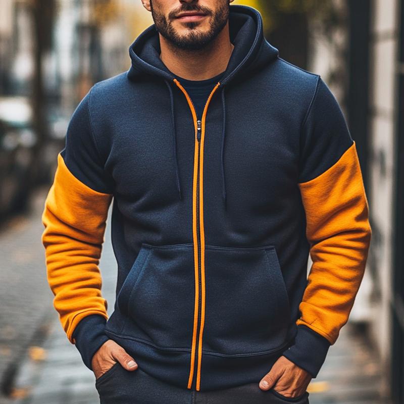 Men's Retro Casual Colorblock Stand Collar Hooded Zipper Sweatshirt 24194376TO