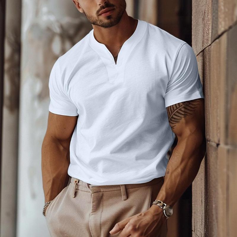 Men's Solid Color Elastic V-Neck Slim Fit Short-Sleeved T-Shirt 68172151Y