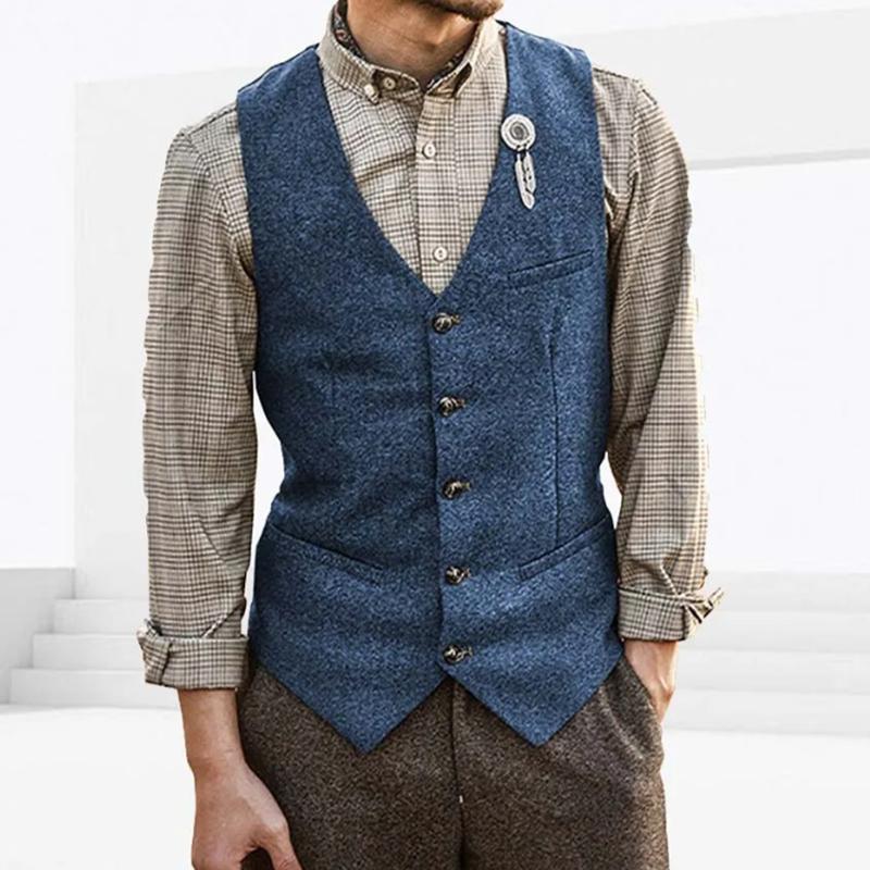 Men's Vintage V-Neck Wool Blend Single-Breasted Vest 93396816M
