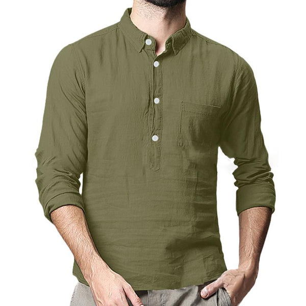 Men's Casual Solid Color Lapel Henley Collar Breast Pocket Long Sleeve Shirt 51791582Y