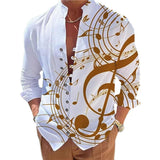 Men's Stand Collar Printed Musical Note Printed Button Long Sleeve Shirt 30315529X