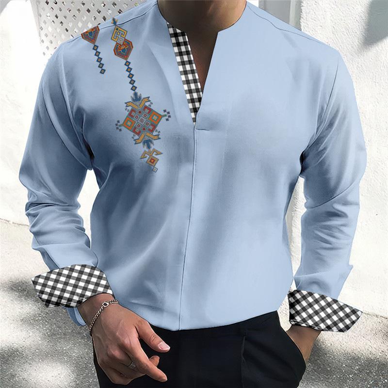 Camisa de manga larga con cuello en V y estampado étnico con costuras a cuadros para hombre 80938945Z