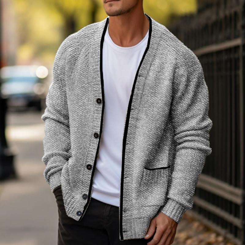 Men's Comfortable And Casual V-Neck Solid Color Knitted Cardigan 77802398Y