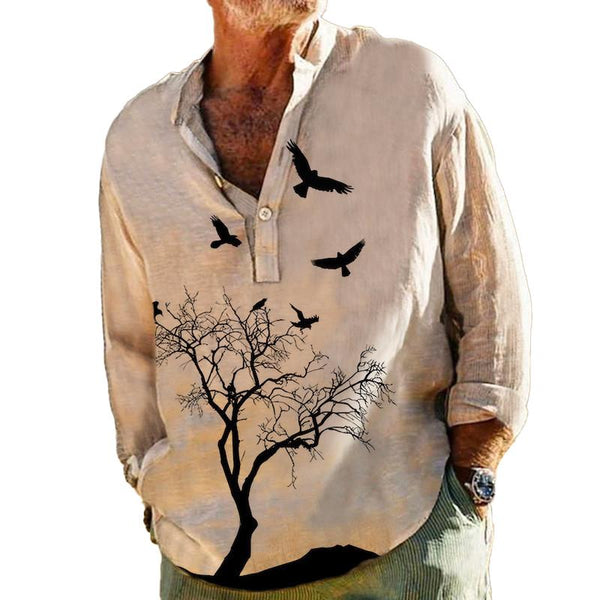 Men's Vintage Tree Print Henley Collar Long Sleeve Shirt 87757900Y