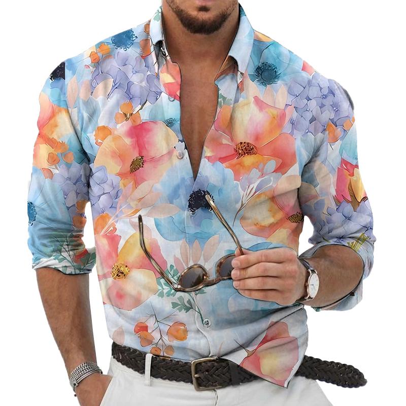 Men's Hawaiian Floral Print Long Sleeve Lapel Shirt 91670035X