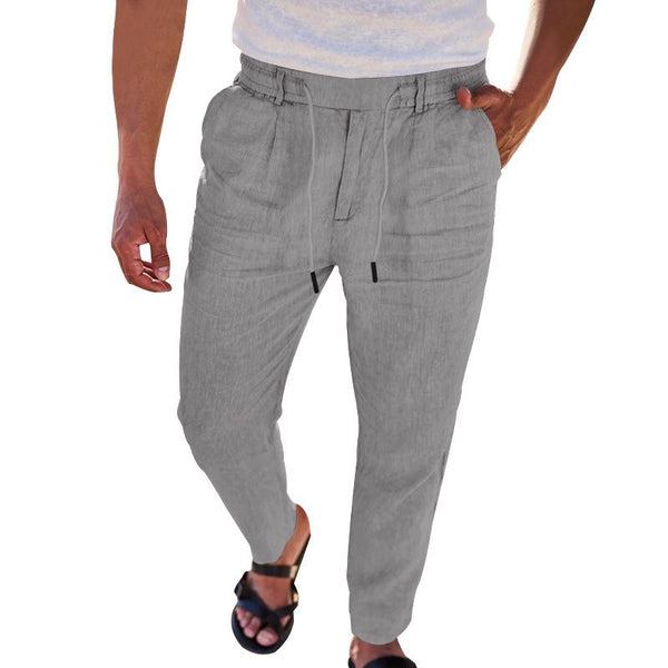 Men's Solid Color Casual Cotton And Linen Drawstring Straight Pants 93633652Y