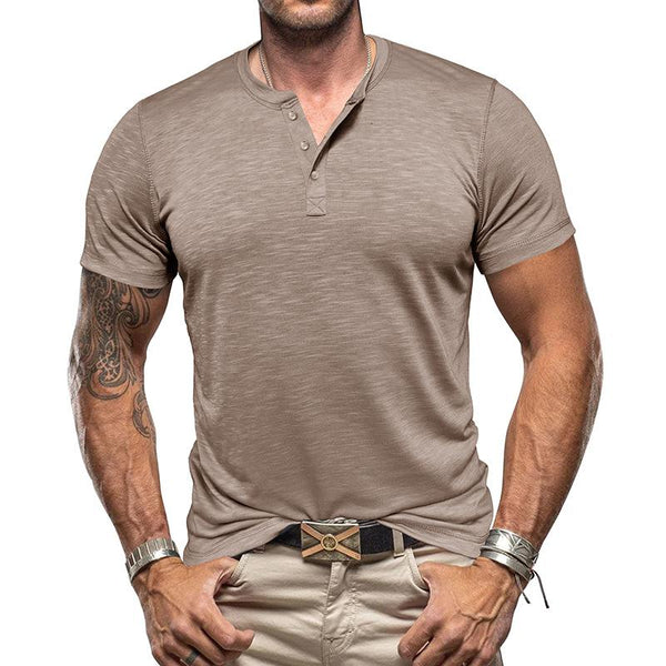 Men's Casual Solid Color Henley Collar Short Sleeve T-Shirt 36614697M