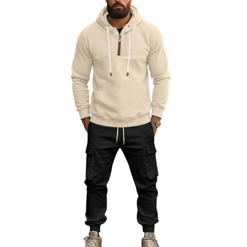 Men's Solid Zipper Collar Long Sleeve Hoodie Multi-pocket Trousers Casual Set 96921494Z