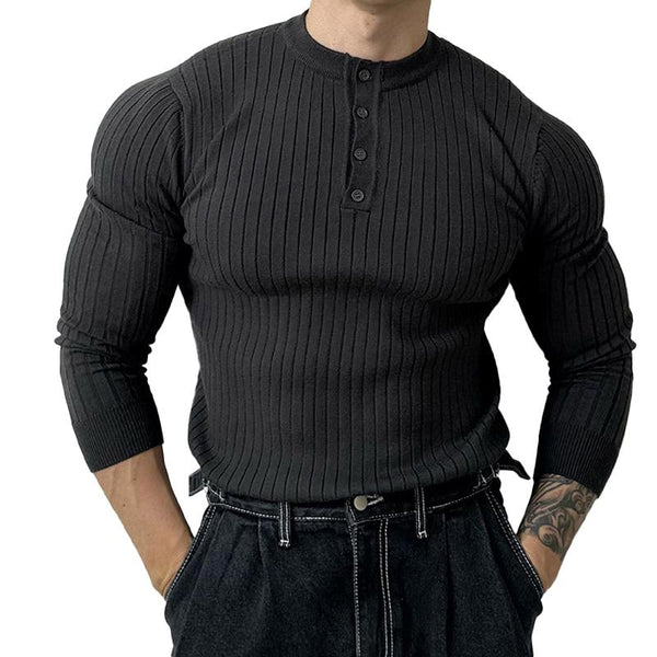 Men's Casual Solid Color Stretch Buttons Round Neck Long Sleeve Sweater 70725043Y