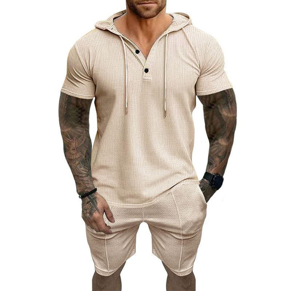 Men's Waffle Hooded Short Sleeve T-Shirt Shorts Set 47432865Y