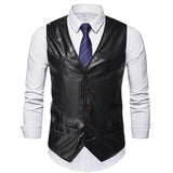Men's Vintage Solid Color Collarless Leather Vest 99226572Y