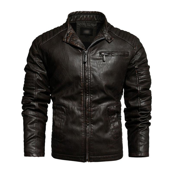 Men's Vintage Stand Collar Splicing Plush Zipper Slim Fit Motorcycle Leather Jacket 82254708M