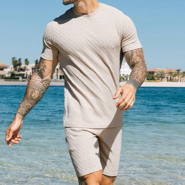 Men's Casual Sports Solid Color Pleated Short-Sleeved T-Shirt Shorts Set 73648645Y