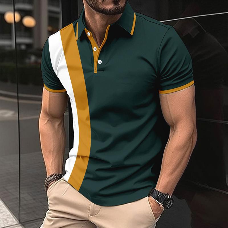 Men's Casual Color Block Printed Short Sleeve Polo Shirt 36997792Y