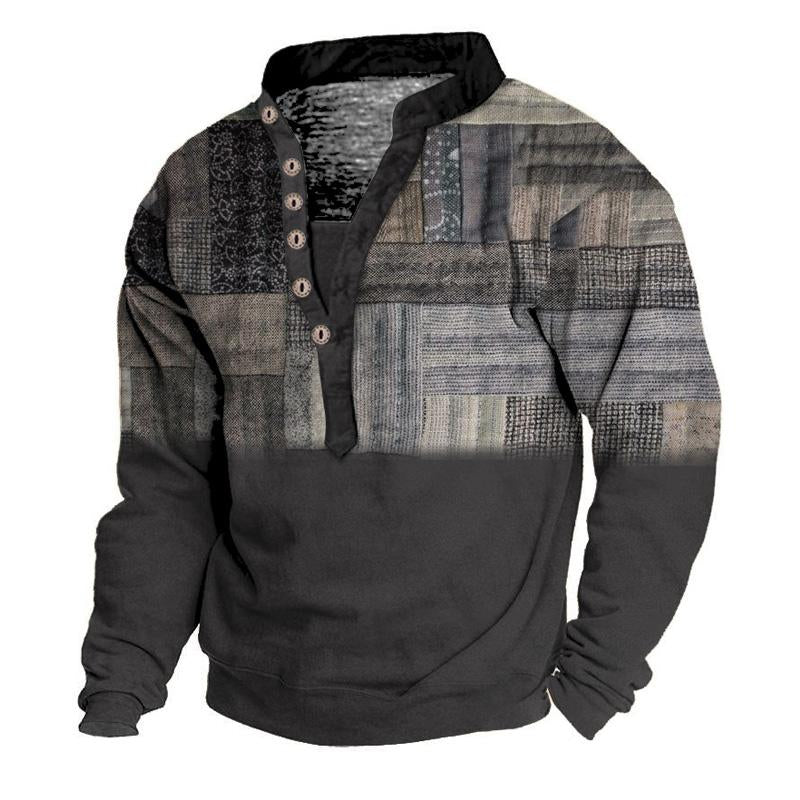 Men's Printed Stand Collar V-Neck Vintage Sweatshirt 82669063U