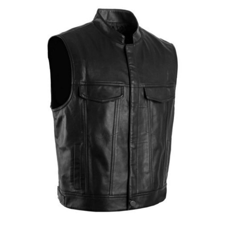 Men's PU Leather Single Breasted Cardigan Multi-Pocket Stand Collar Vest 30665861U