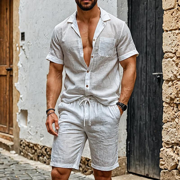 Men's Casual Slim Fit Lapel Short Sleeve Button down Shirt Shorts Set 21598407M