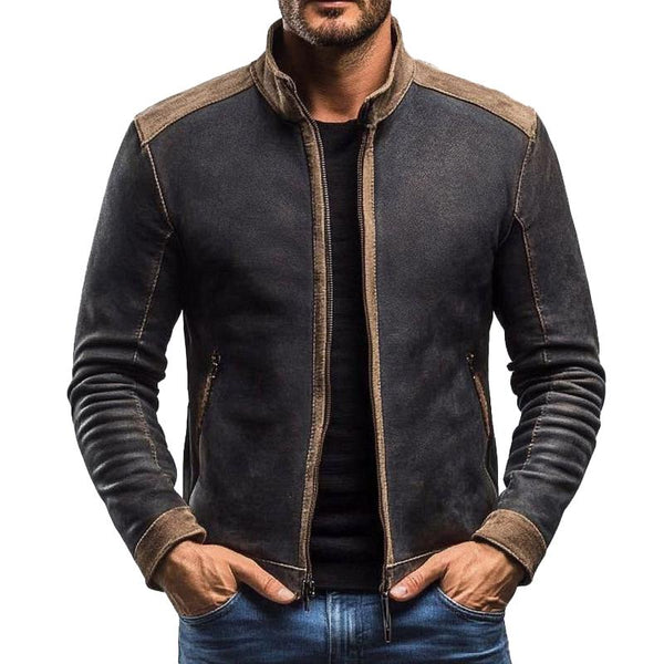 Men's Vintage Suede Colorblock Stand Collar Zip-Up Jacket 90720025X