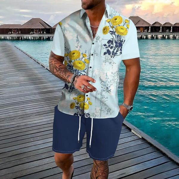 Men's Hawaiian Print Lapel Button Shirt Short Sleeve Board Shorts Set 33305762X