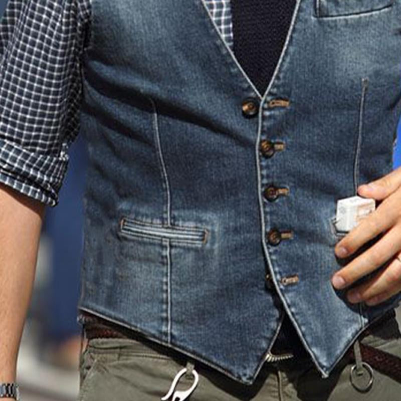 Men's Vintage V-Neck Washed Denim Vest 07818399U