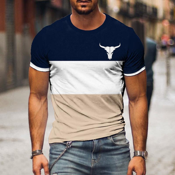 Men's Casual Color Block Cow Head Round Neck Short Sleeve T-shirt 43338932TO