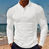 Men's Solid Color Waffle Lapel Long Sleeve Polo Shirt 57631305Z