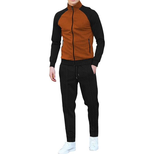 Men's Contrast Color Stand Collar Jacket Casual Pants Sports Two-piece Set 67757381X