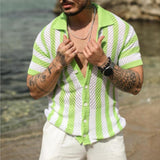 Men's Casual Striped Loose Hollow Short-Sleeved Knitted Polo Shirt 02231229M