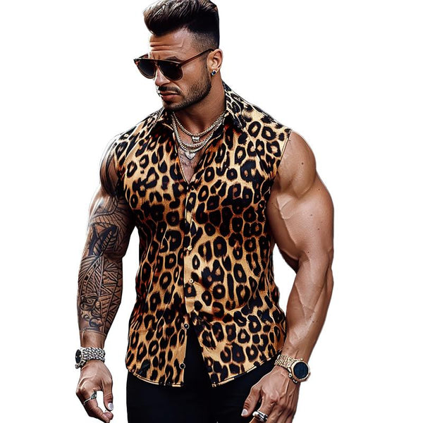Men's Casual Cotton Blended Leopard Print Lapel Sleeveless Shirt 48279181M