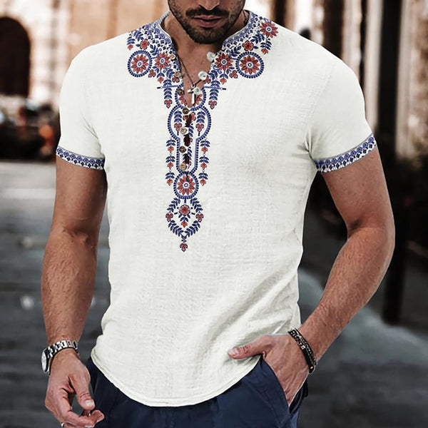 Men's Vintage Ethnic Print Henley Collar Short Sleeve Shirt 58050834Y
