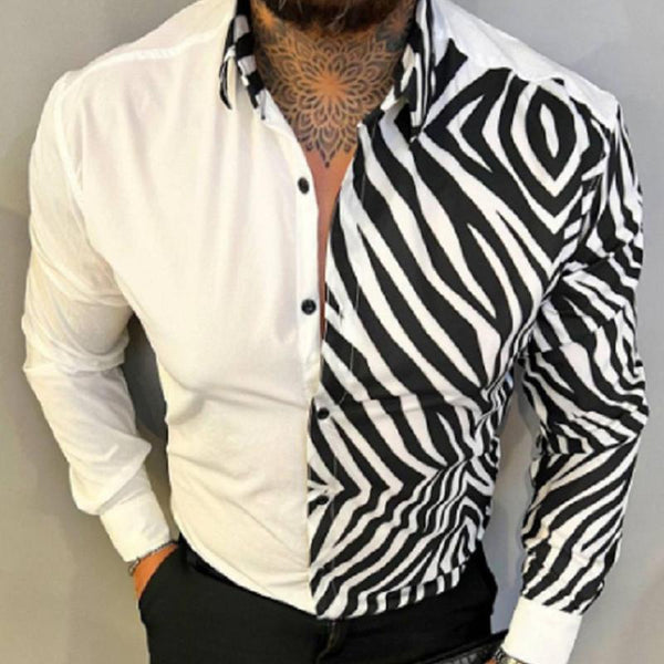 Men's Color Block Lapel Long Sleeve Leopard Print Shirt 29460245X