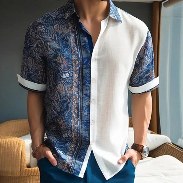 Men's Printed Slub Linen Loose Casual Shirt 96820161X