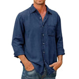 Men's Lapel Solid Color Pocket Long Sleeve Washed Shirt 94109377M