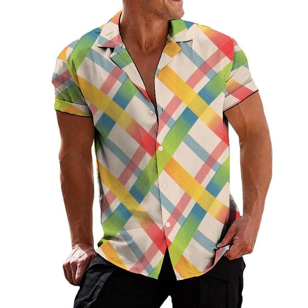 Men's Retro Colorful Plaid Lapel Short Sleeve Shirt 10918372TO
