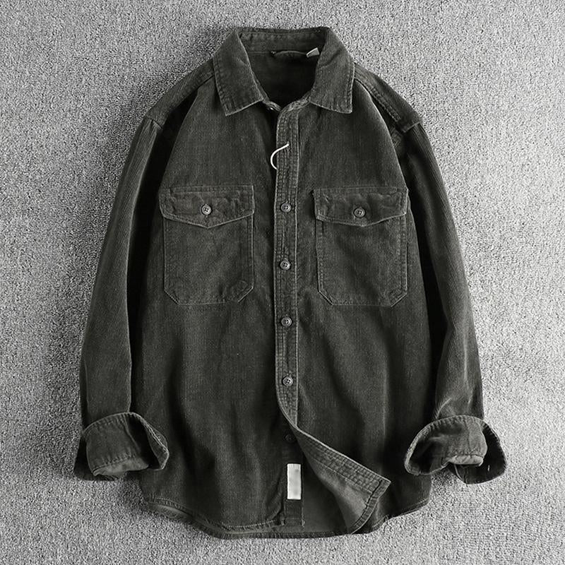 Men's Vintage Cargo Corduroy Double Breast Pocket Long Sleeve Overshirt 42250598Y