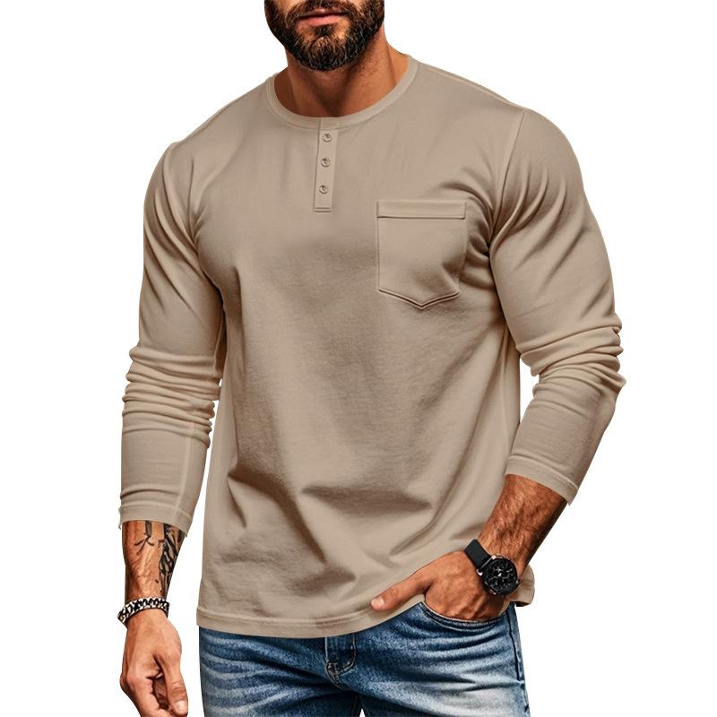 Men's Casual Crew Neck Cotton Blend Patch Pocket Long Sleeve T-Shirt 57193134M