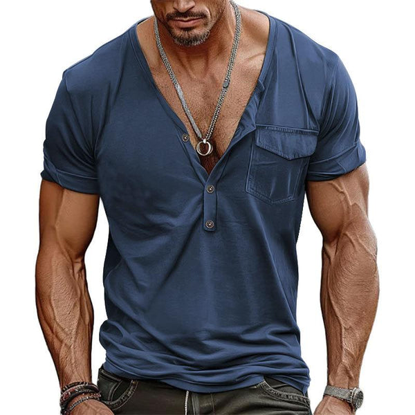 Men's Casual Henley V-Neck Slim Fit Chest Pocket Short Sleeve T-Shirt 34894607Y