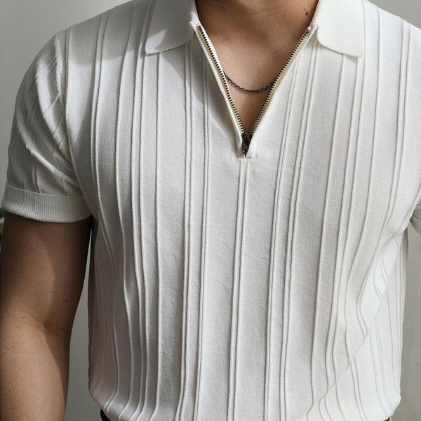 Men's Casual Striped Loose Lapel Zipper Knitted Short Sleeve Polo Shirt 22383022M