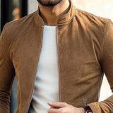 Men's Solid Suede Stand Collar Zip-Up Jacket 55369231X