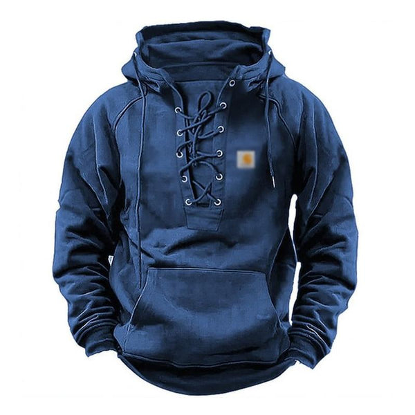 Men's Retro Solid Color Lace Up Hooded Long Sleeved Hoodie 76881800Y