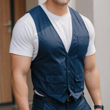 Men's Retro Casual Solid Color Pocket Collarless Vest 38343342TO