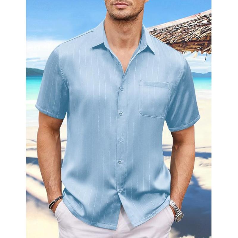 Men's Striped Satin Lapel Chest Pocket Short Sleeve Shirt 98951505Y