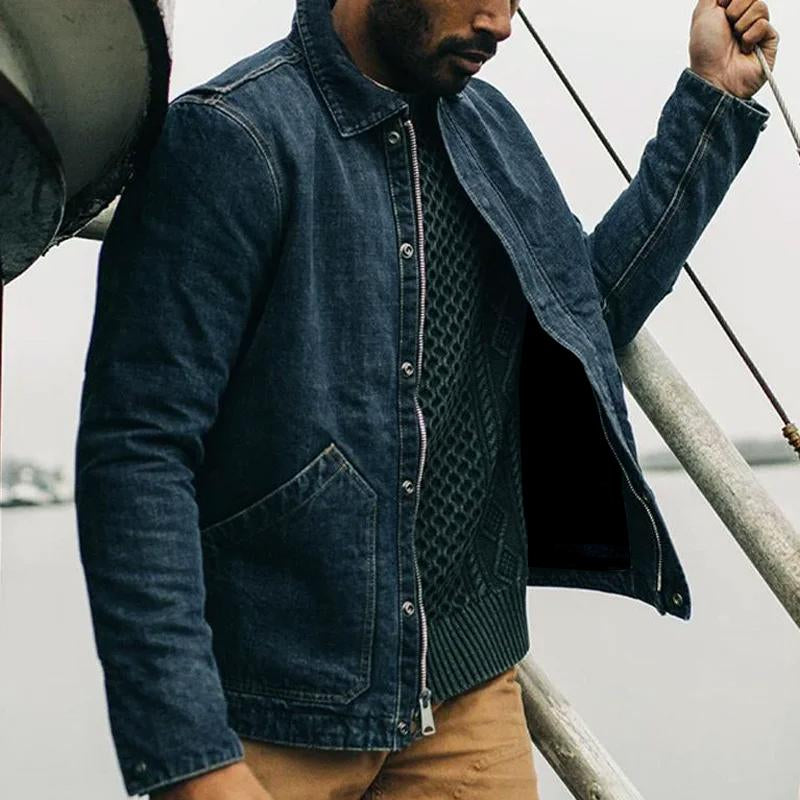 Men's Vintage Denim Lapel Big Pocket Zip Jacket 00854795Y