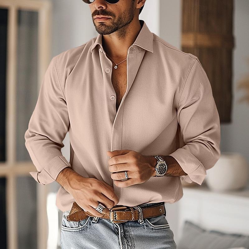 Men's Casual Cotton Blend Lapel Slim Fit Long Sleeve Shirt 12797211M