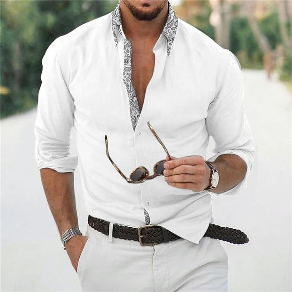 Men's Long Sleeve Colorblock Cotton Linen Lapel Shirt 89403853X